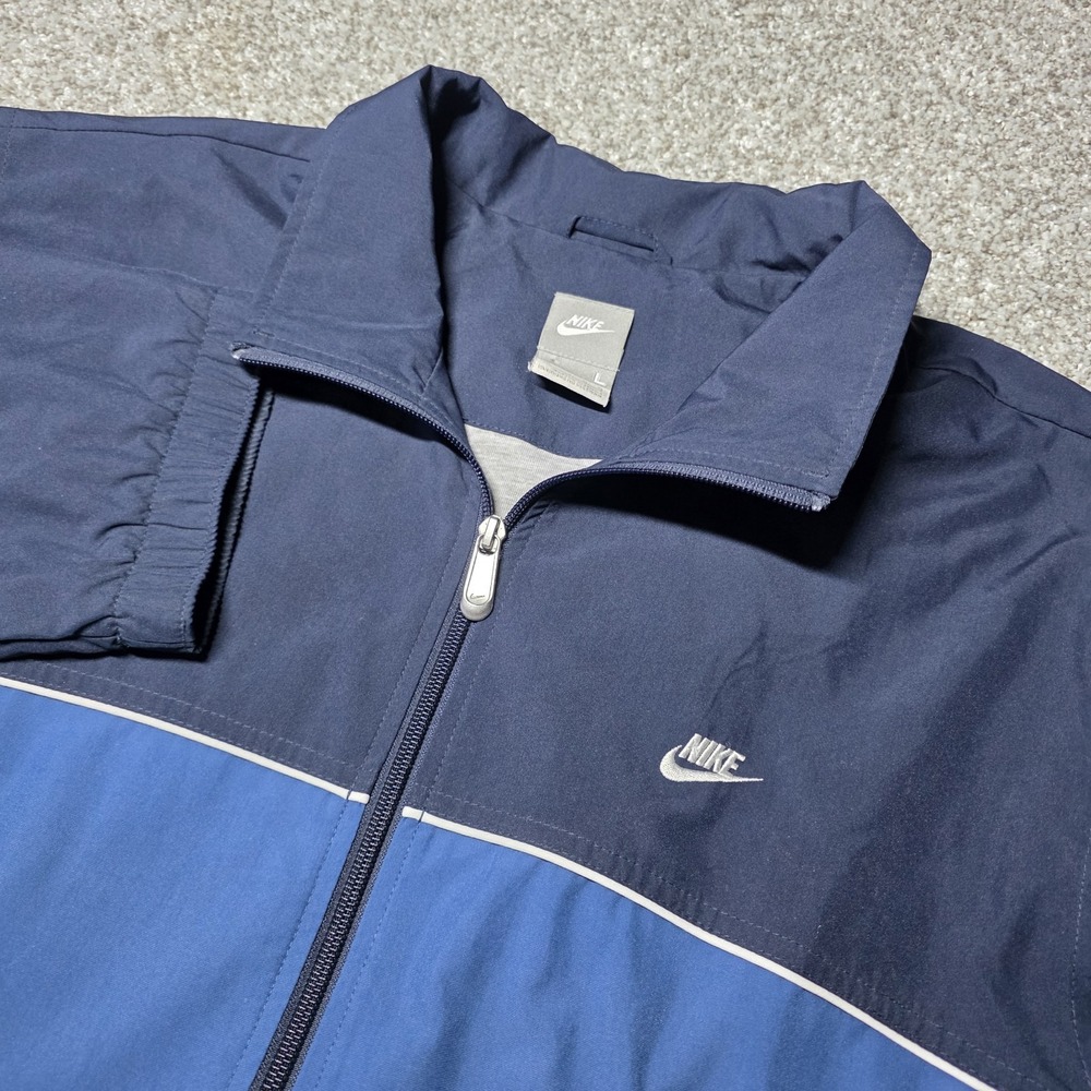 Nike Track Jacket Mens Large Blue Full Zip Embroidered Swoosh Windbreaker Coat